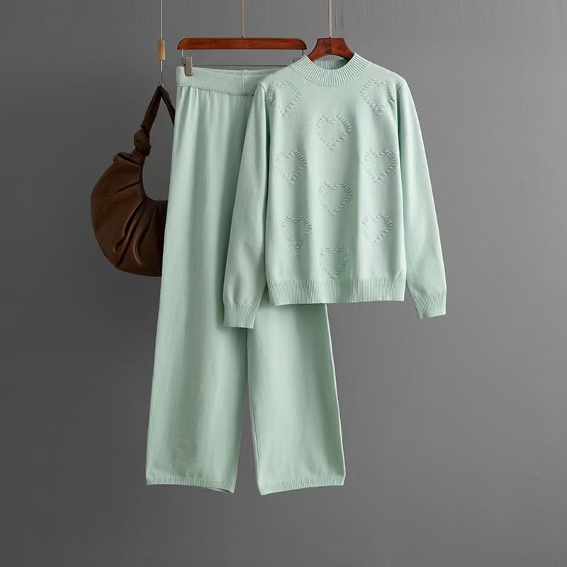 

Fashion Wind Fashion Loose Knitting Sweater Pants Suit Knitted Sweater and Pants Set Light green All yards