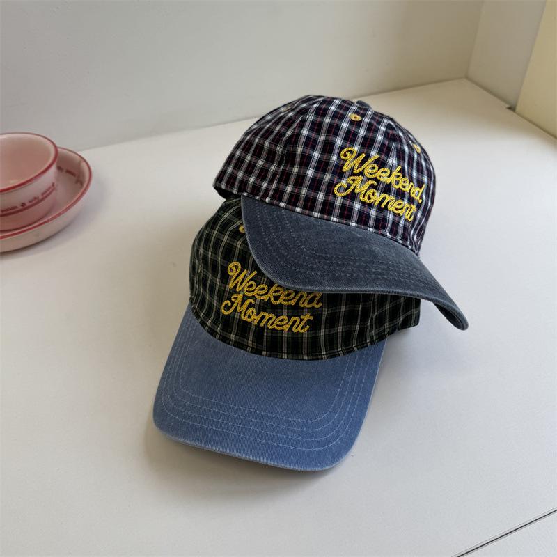 IG Blogger Plaid Splicing Letter Embroidery Baseball Cap Women's Spring New Cap Men Show Small Face