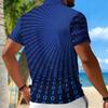 Women Short Sleeve Polo Shirt Dark Blue Teal Spiral Dot Circle Print Half Zip Lapel Top