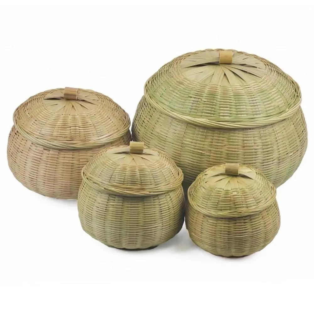 Vegetable Food Hand Woven Storage Basket Round Multi-Purpose Storage Box with Lid Durable Wicker Tray Home Organizer