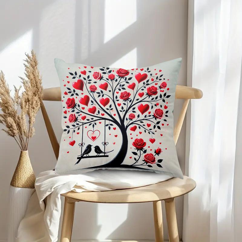 1pc Valentine's Day Heart Tree Decorative Cushion Cover - Red & Black Romantic Heart & Rose Pattern with Golden Swans