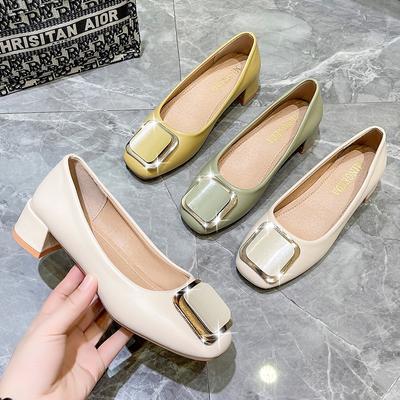 2024 Sommer Neue Elegante Mittelhohe Absatz Damen Schuhe Eckige Zehen Schnalle Slipper High Heels Damen Schuhe Weiches Leder Pumps