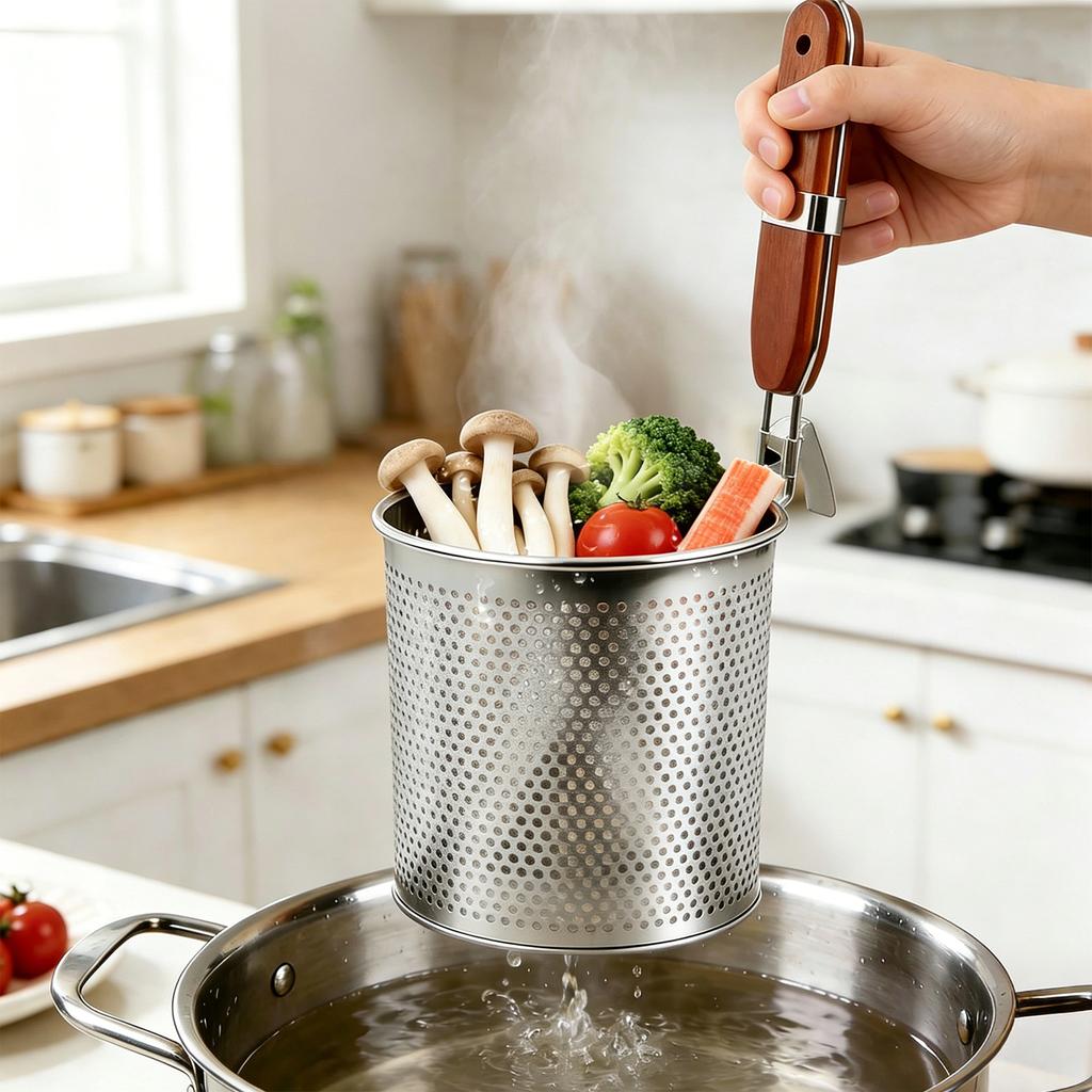 12CM Stainless Steel Pasta Strainer Reusable Pastas Noodle Filter Baskets Hanging Hook Noodle Strainer Frying Serving Basket