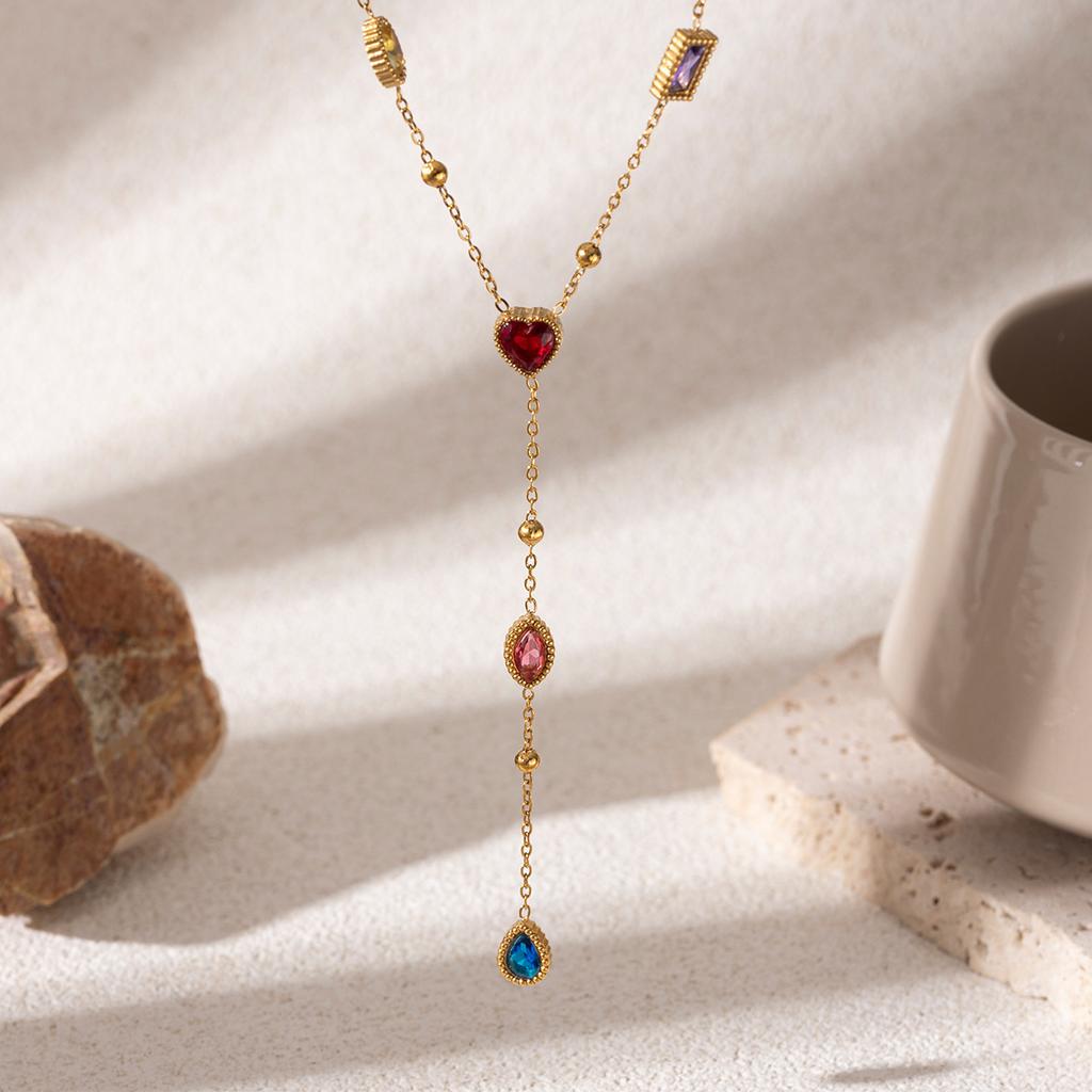 Women's Pendant Necklace Stainless Steel Colorful Zircon Waterproof Non-fading Chains Charms Necklace for Gift