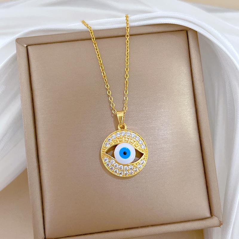 Devil'S Eye Fashion Light Luxury Temperament Gorgeous Full Diamond Necklace Women'S Versatile Clavicle Chain Titanium Steel Chain