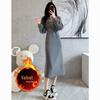 Women's European-Style Grey Hooded Sweatshirt Dress - Textured, Cinched Waist, Slimming, Casual Autumn/Winter Wear