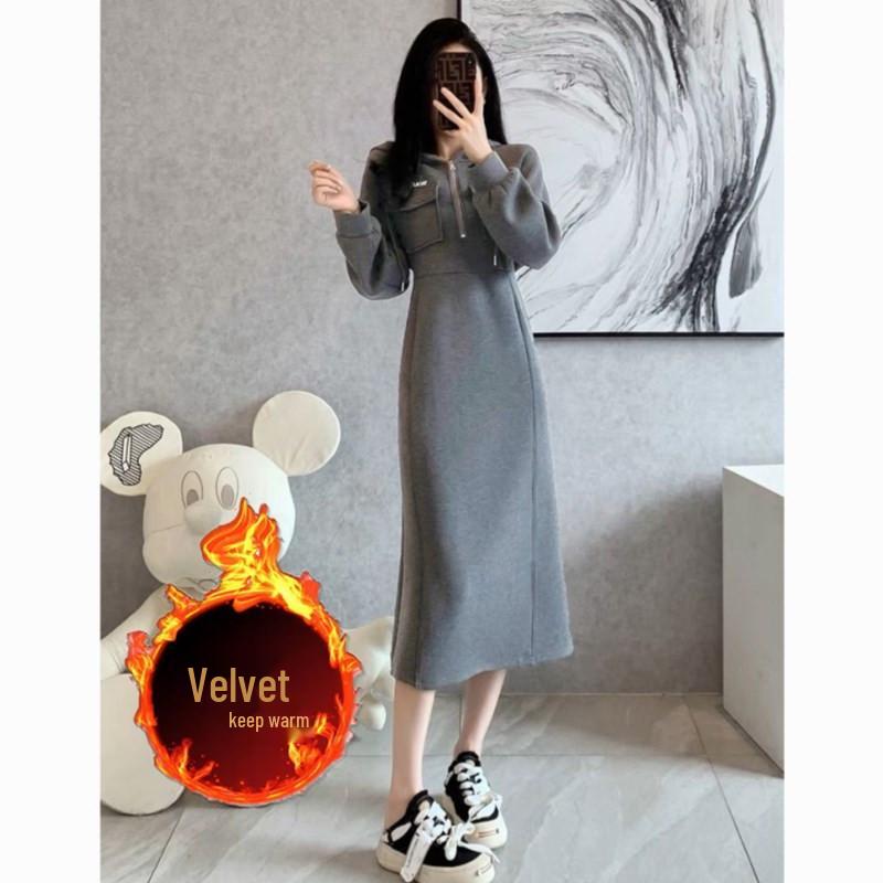 Women's European-Style Grey Hooded Sweatshirt Dress - Textured, Cinched Waist, Slimming, Casual Autumn/Winter Wear
