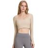 Women's Ribbed Halter Neck Yoga Top with Long Sleeves and Pads - High Elastic Cropped Fitness Top for Autumn/Winter