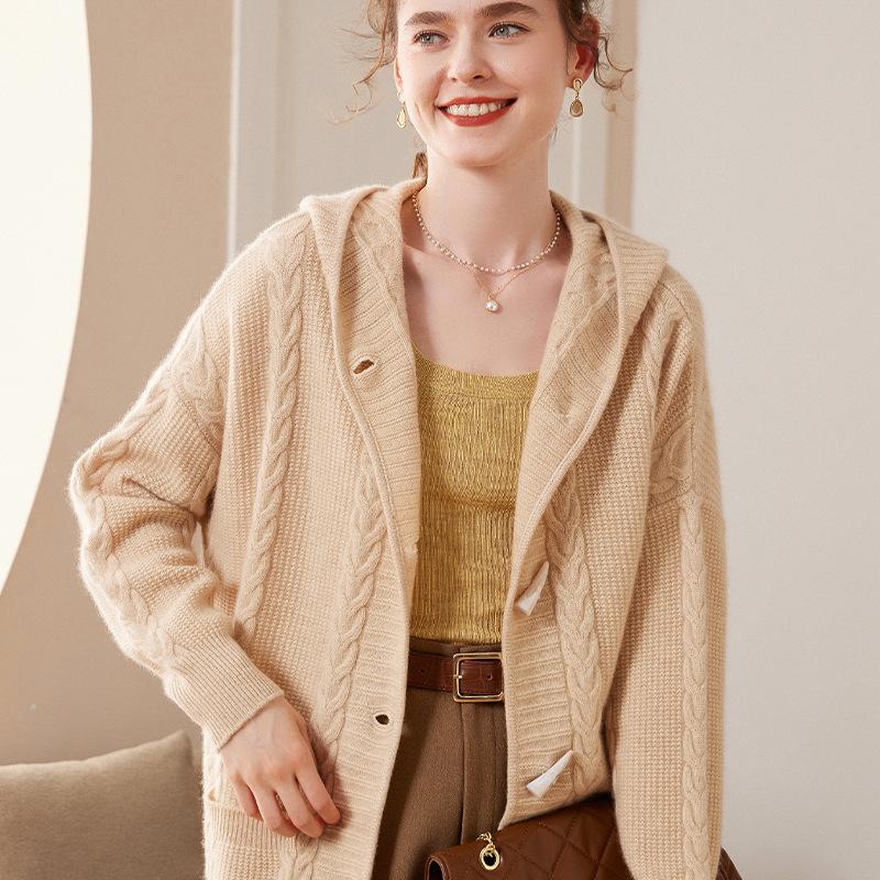Women's Versatile Korean Style Pure Wool Hooded Cardigan Cashmere Knit Outerwear Sweater