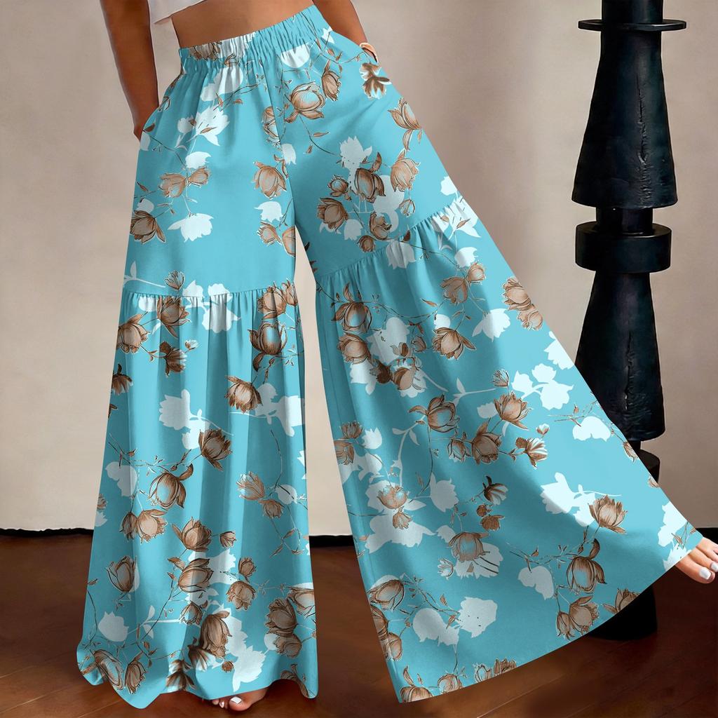 Women's High Waist Wide Leg Pants Loose Fit Lightweight Breathable Floral Print Casual Palazzo Trousers for Summer