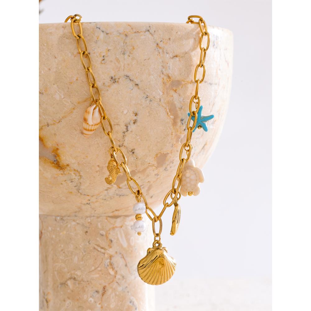 Yhpup Ocean Style Starfish Shell Pendant Handmade Necklace Bracelet Summer Vacation Stainless Steel Jewelry Waterproof
