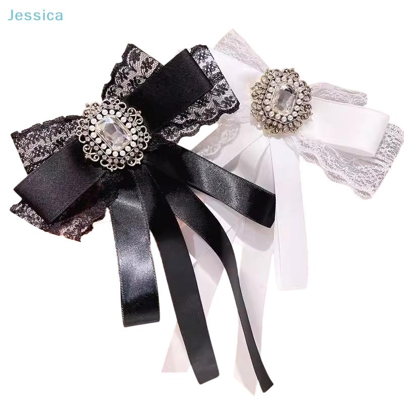 Korean Style Lace Bow Long Ribbon Rhinestone Brooch For Women Bowtie Necktie Shirt Collar Pin