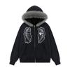 Mens Oversized Zip-up Hoodie Detachable Fur Collar Skull Hand Embroidery Casual Fall Sweatshirt