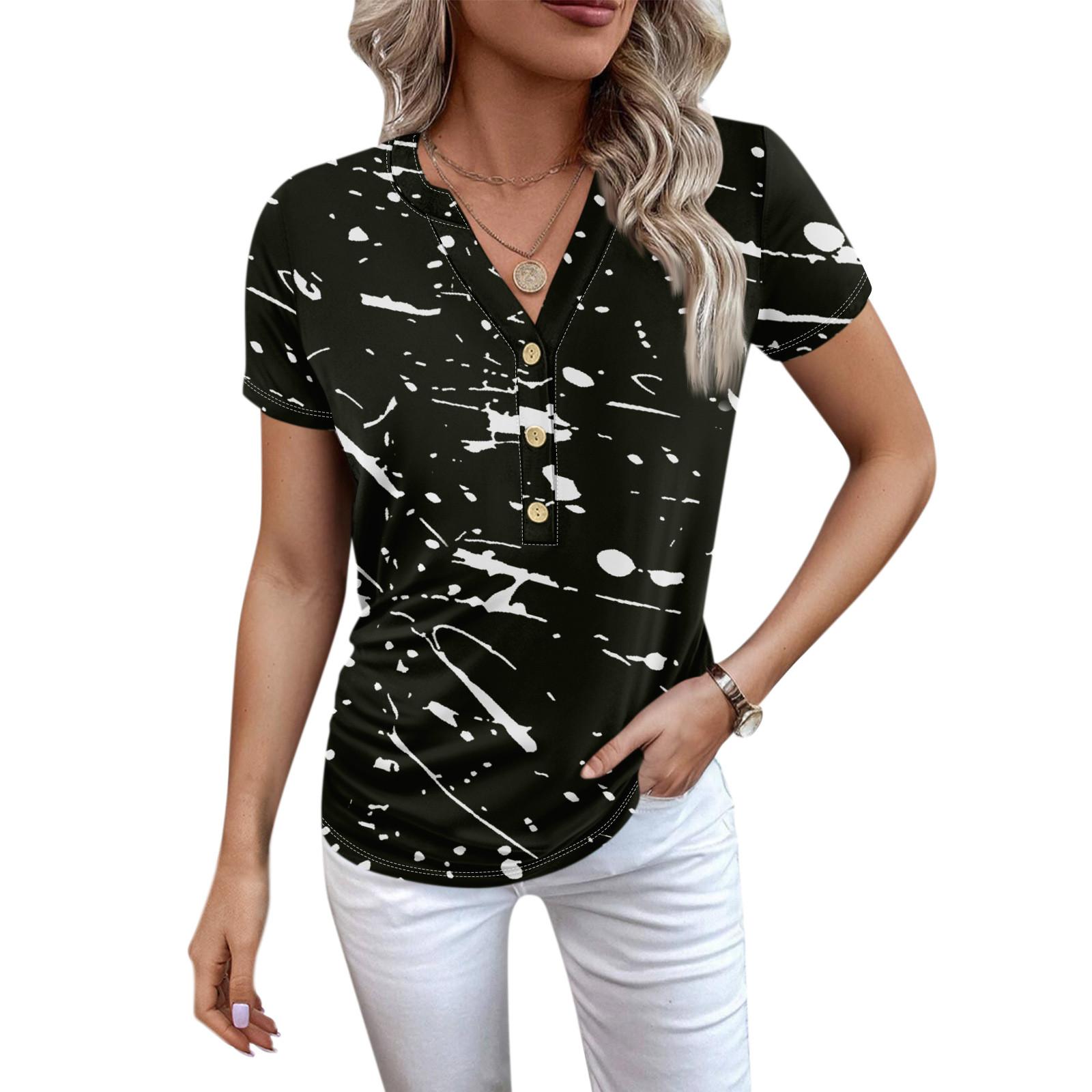 

Женская новая футболка с v-образным вырезом на пуговицах и модным принтом с коротким рукавом и ретро-принтом, повседневные топы, футболки большого размера L чёрный