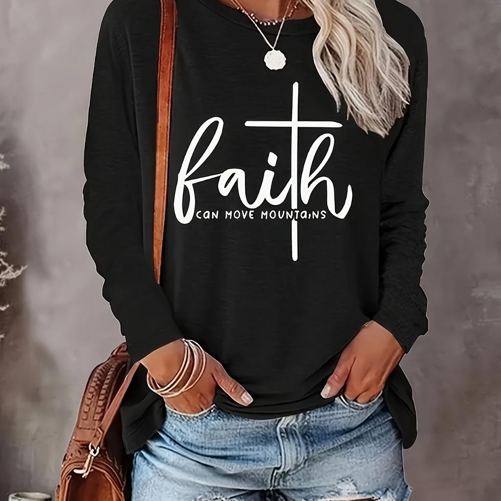 Plus Size Casual Tops, Women's Slogan Printed Long Sleeve Crew Neck Tops