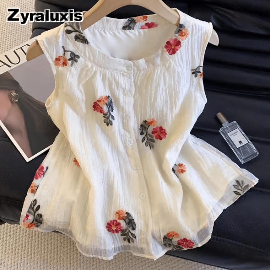 Women's Summer New French Elegant Casual Embroidery Fabric Stand Collar Sleeveless Shirt for Office Commute