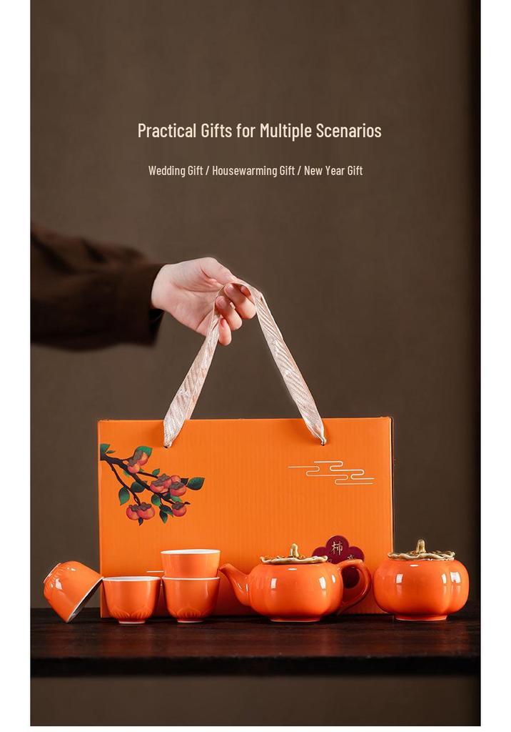 Persimmon Tea Set - Festive Ruyi Design, Custom Ceramic Gift Box for Weddings & Souvenirs