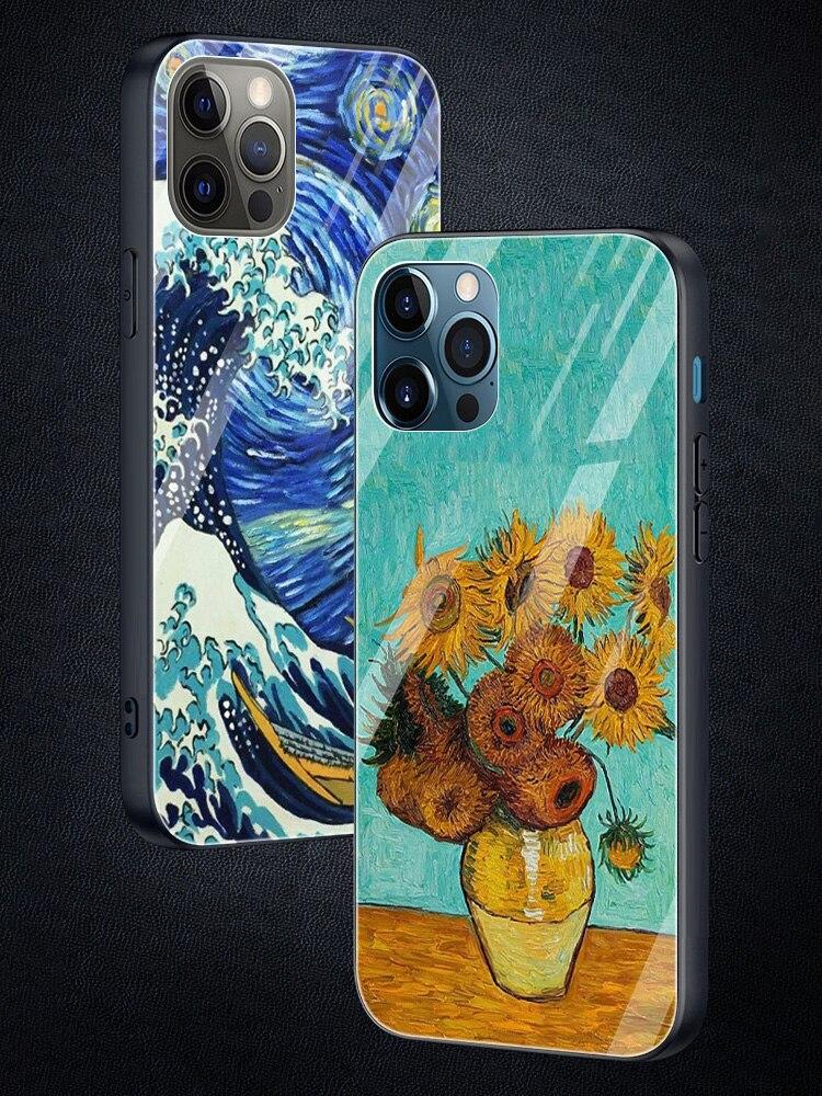 Glass Cover For iPhone 14 13 12 11 Pro X XS Max XR 8 7 6 6S Plus Case Protective Capa Fundas Van Gogh Paintings Starry Night