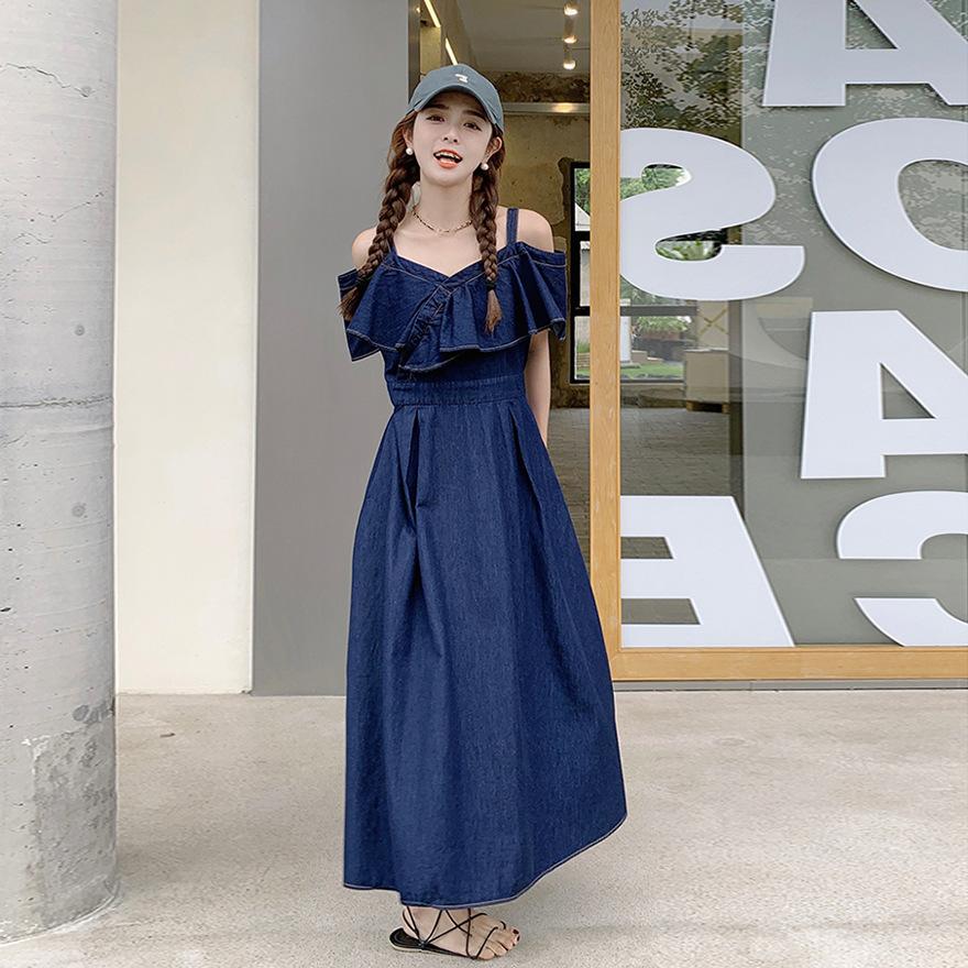 Denim dress women's summer thin small chic unique off-the-shoulder sweet temperament slim long skirt