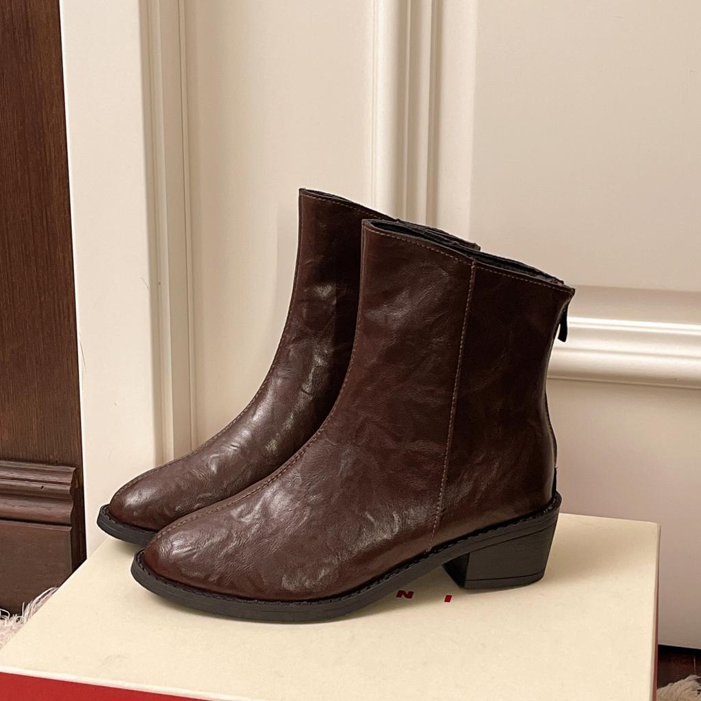 Maillard Brown Square Head Short Boots Women's Autumn and Winter New French Retro Thin V-mouth Ankle Thick Heel Thin Boots