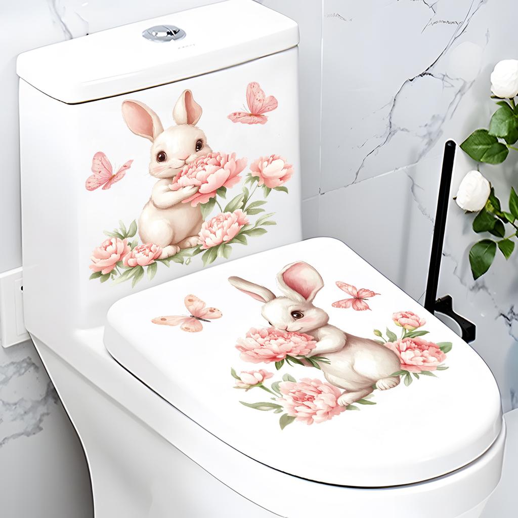 Cute Rabbit Peony Toilet Decoration Stickers, Bathroom Toilet Beautification Stickers
