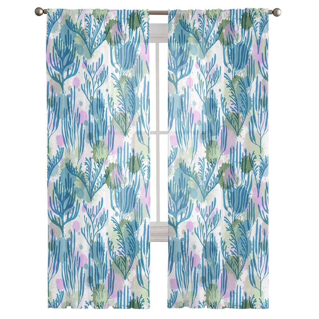 Seagrass Coral Ocean Watercolor Sheer Curtains Transparent Voile Tulle for Bedroom Window Holiday Decoration