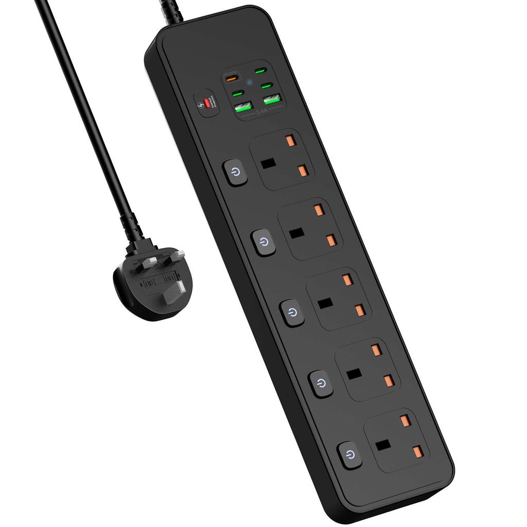 UK Socket Extension Cord with PD30W Fast Charging & Independent Switch Control, 5-Hole Overload Protection
