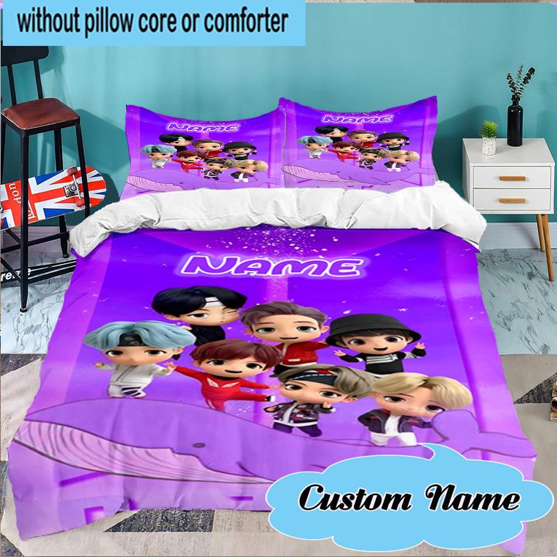 Custom Name 3PCS K-pop BTS Artwork Characters Bedding Set Including 1pc Duvet Cover And 2pcs Pillowcases for Bedroom, Dormitory Gift Home Decor
