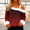 Women's Off-the-shoulder Plush Neck Printed Long-sleeved Pullover T-shirt Top