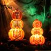 Home Haunted House Props Halloween Pumpkin Lantern, Spooky Lighted Skeleton Statue, Resin Holiday Window Display Ornaments Decor for Porch Table