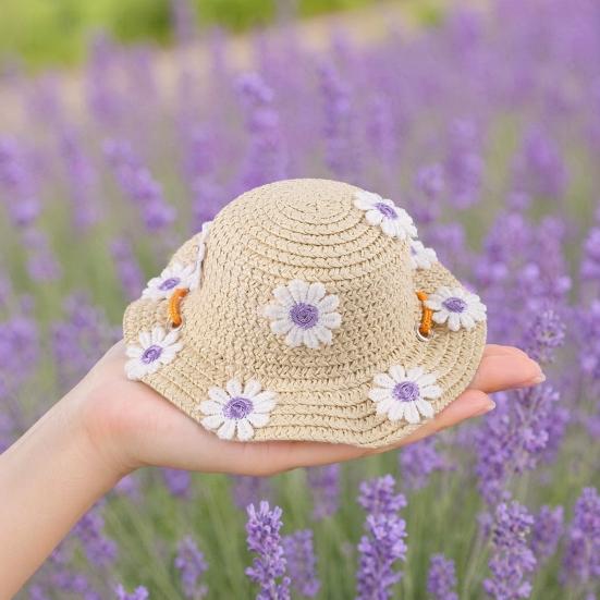 Jijijing Dog Straw Hat, Cute Flower Pet Sun Breathable Summer Wide Brim Hat for Dogs Cats Camping Hiking