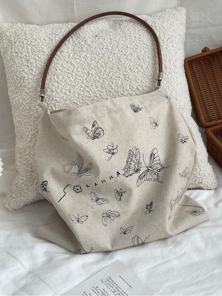 Trendy Printed Butterfly Canvas Tote Bag For Women Street Fashion Medium Size