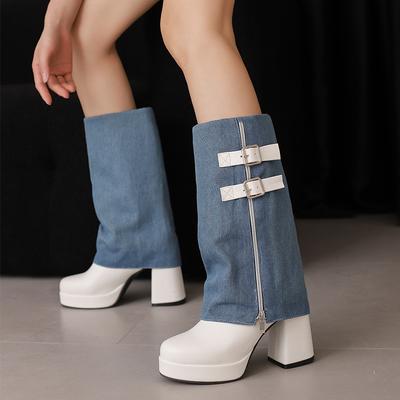 Jeans de mezclilla azul para mujer Pantalones a media pantorrilla Botas Plataforma Tacón alto grueso Zapatos largos para mujer Punta redonda Botas Zapatillas de mujer