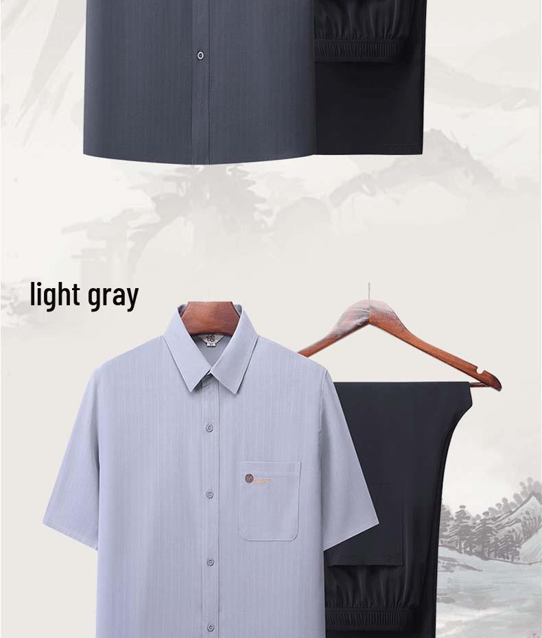 Men's Summer Jacquard Ice Silk Two-Piece Set: Short-Sleeved Loose Shirt & Casual Pants for Middle-Aged and Elderly
