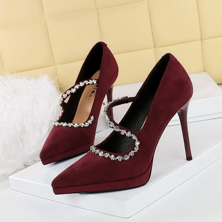 Fashion High Heels 10.5cm Women's Pumps Stiletto Suede Pointed Toe Waterproof Platform Ladies Banquet Rhinestone Decoration Single Shoes