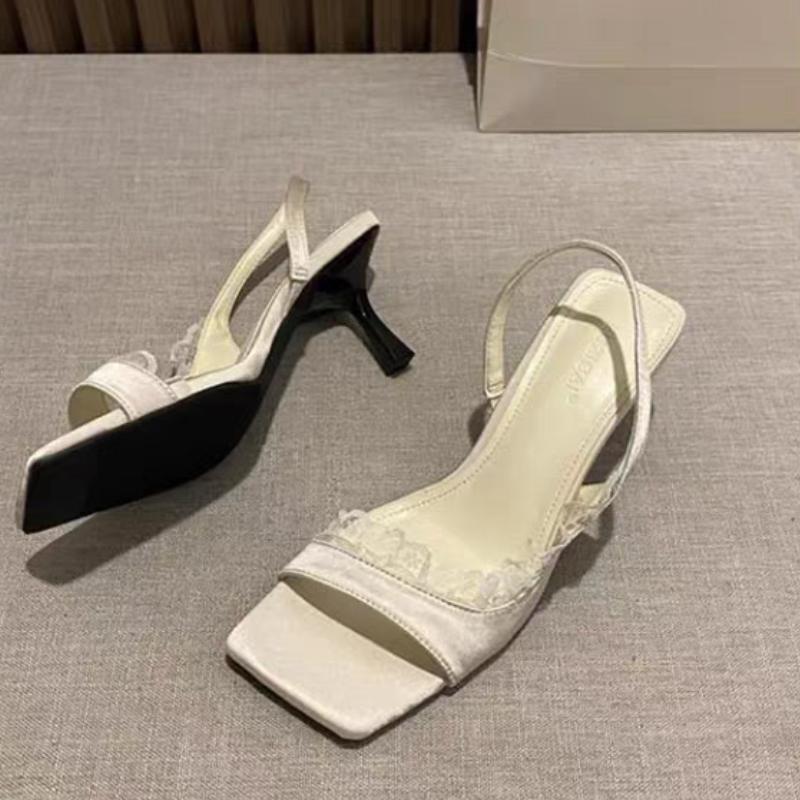 Fashion 2025 Summer New Women's Fashion Square Head Suspender Stiletto Heels Solid Open-toe Mid-heel Sandals
