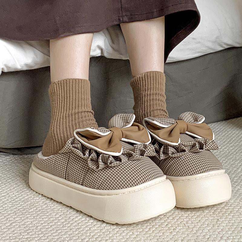 Cute bow cotton slippers autumn and winter warm outer wear versatile velvet thickened indoor home