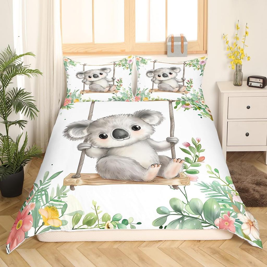 Urocza Poszwa na Kołdrę Koala Rozmiar Twin, Różowy Zestaw Pościeli z Balonem na Gorące Powietrze, Akwarelowy Kwiatowy Zwierzęcy Pokrowiec na Kołdrę, Kreskówkowy Pokrowiec na Kołdrę