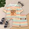 Boys Summer Striped Outfit Set Kids Cartoon Animal Print Short Sleeve T-shirt and Shorts for Play Outdoor