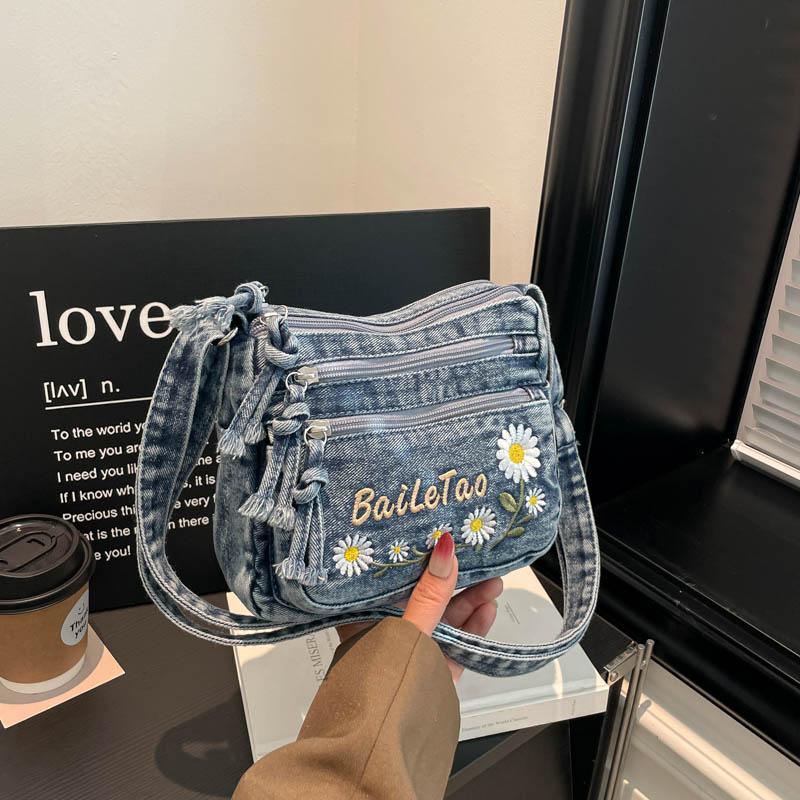 Lightweight Denim Zipper Crossbody Bag Stitching Line Embroidery Decoration Bag Hot Sale Casual Youth Women's Shoulder Bags