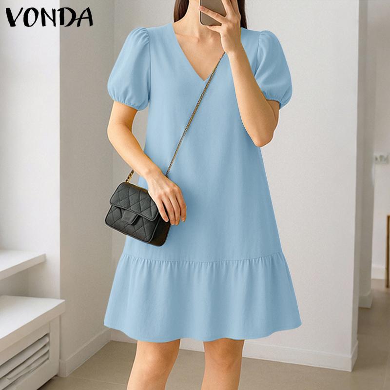 VONDA Women V Neck Puff Sleeve Solid Color Casual Ruffled Pleated Dress