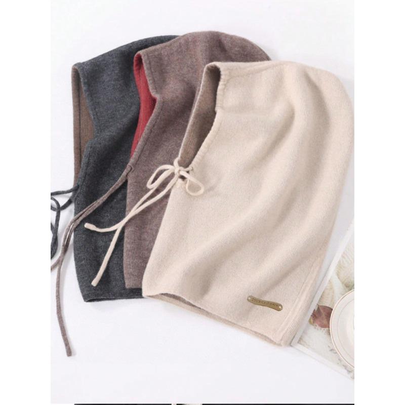 Ladies' 100% Cashmere Double-Sided Balaclava Hat With Label For Autumn&Winter Warmth Solid Color Drawstring Pullover Knitted Hat