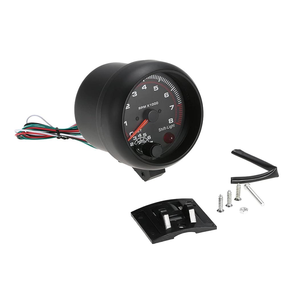 Shkalacar 3.75" Car Universal Tachometer Gauge,Automotive Tachometer Kit White Inter Shift Light 0-8000 RPM