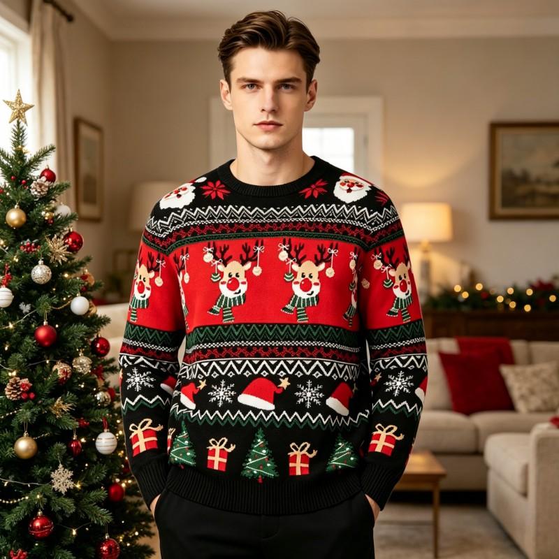 2026 Christmas Knit Sweater Women Men Loose Fit Round Neck Colorblock Jacquard Pullover Winter