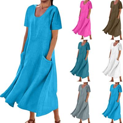 Women's Short Sleeve Round Neck Linen Cotton Maxi Dress Solid Color Patchwork Loose A-Line Casual Commuter Long Dress