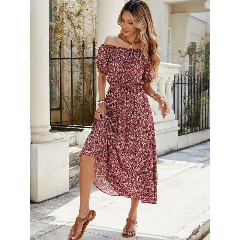 

Foreign Trade European and American Women s Clothing 2025 Spring Rayon Small Floral Large Swing Skirt Sexy off-the-Shoulder Short Sleeve Dress Jujube S