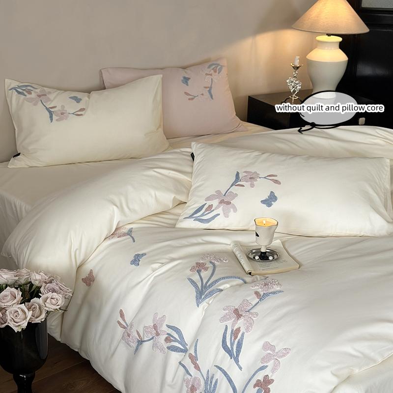 3pcs Elegant Embroidered Orchid Duvet Cover Set (1*Duvet Cover + 2*Pillowcase, Without Core), Lace embroidery Bedding Set