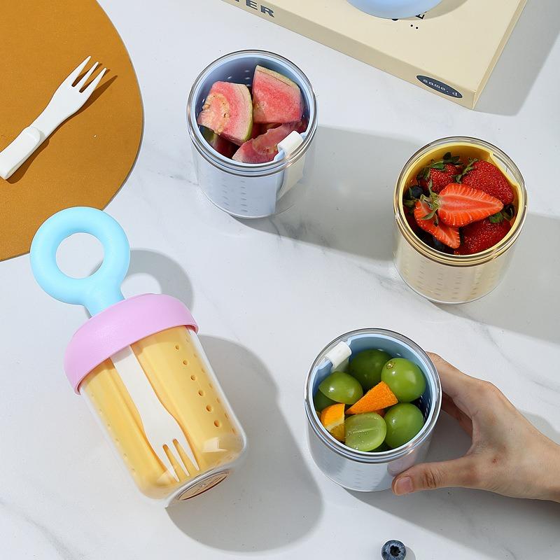 Portable Dopamine Fruit Cup Outdoor Sealed Leak-proof Yogurt Cup with Fork Picnic Double Layer Food Grade Plus Thick Drain Cup