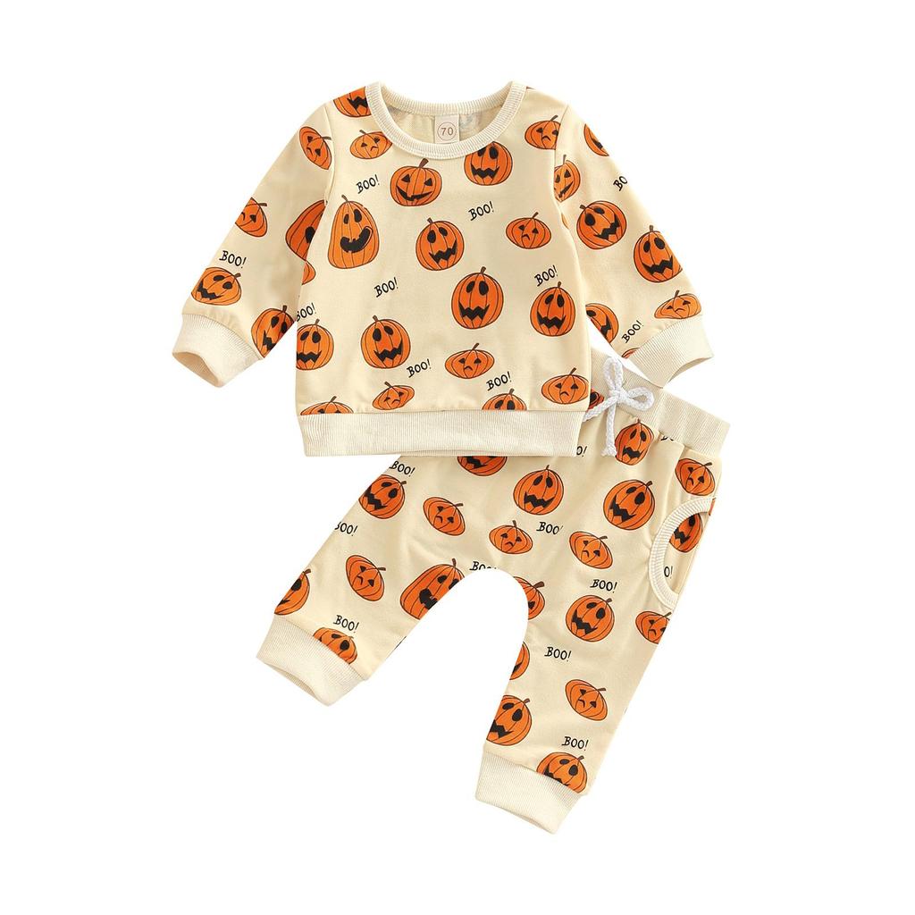 Baby Boys Girls Halloween Outfits Long Sleeve O Neck Pumpkin Print Tops + Gray Drawstring Pants