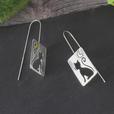 High-end Retro Hollow Cat Crescent Square Earrings for Ladies, Featuring a Cute Alloy Pendant.